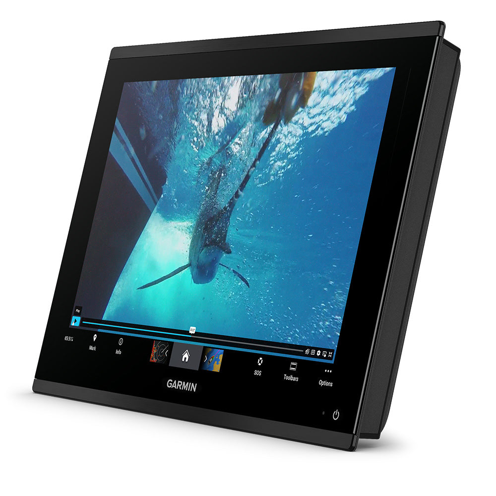 Garmin GPSMAP 9219 19-inch premium chartplotter with navigation screen and detailed marine charts displayed on the Garmin GPS device.