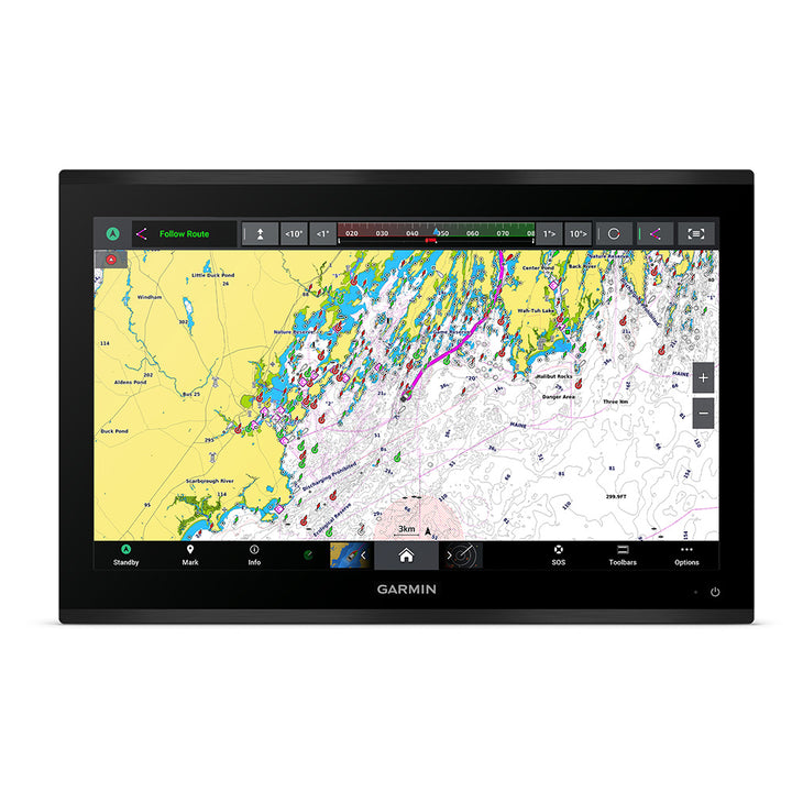Garmin GPSMAP 9222 22-inch premium chartplotter with Garmin Navionics+ display showing detailed marine charts and navigation interface.