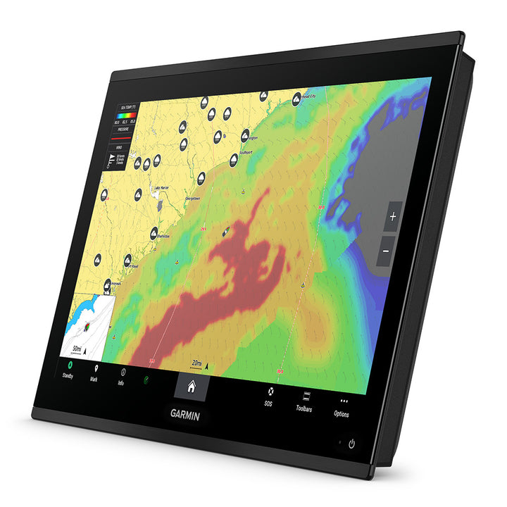 Garmin GPSMAP 9222 22-inch premium chartplotter with Garmin Navionics+ display showing navigation maps and marine chart details