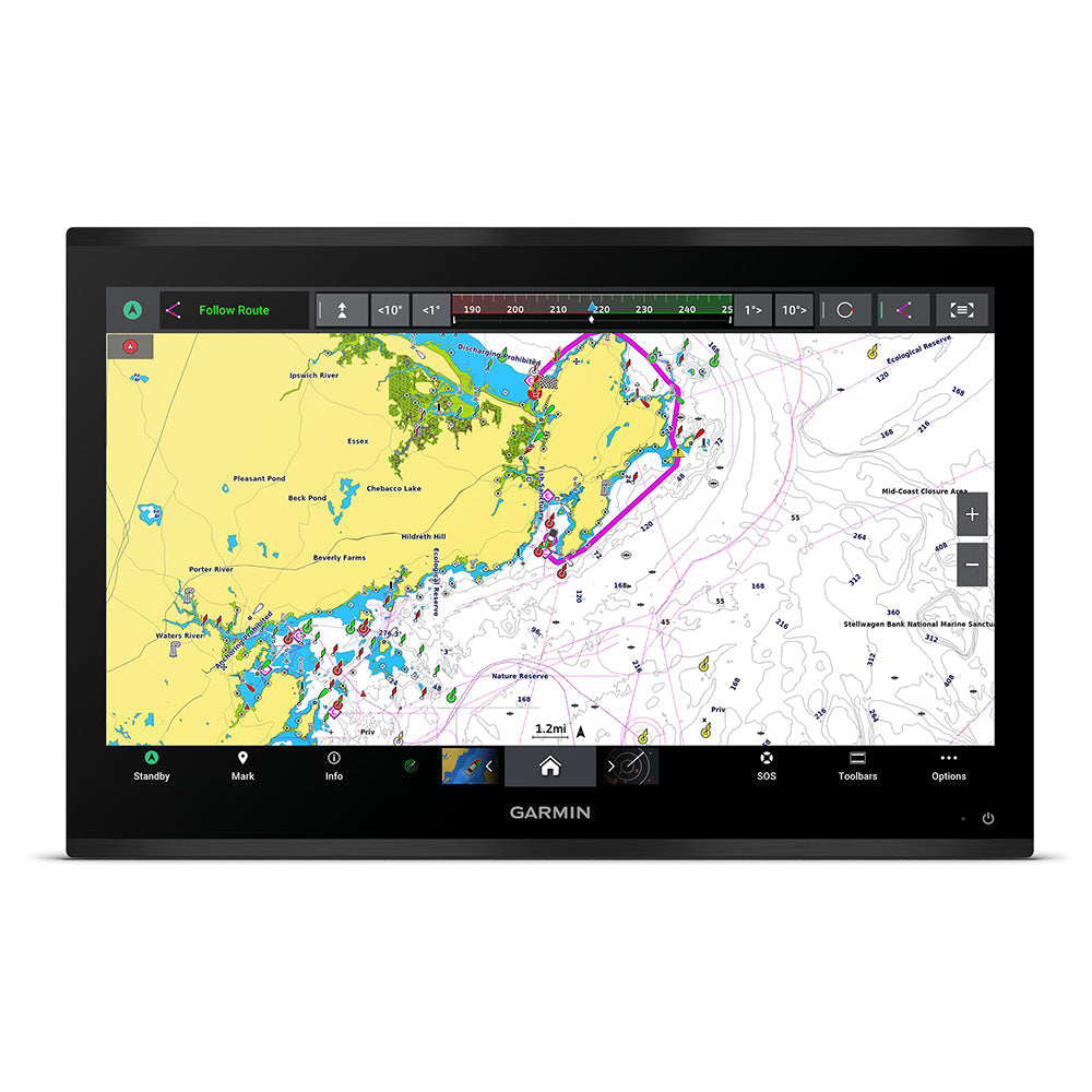 Garmin GPSMAP 9224 24-inch premium chartplotter with detailed navigation display and Garmin Navionics+ mapping.