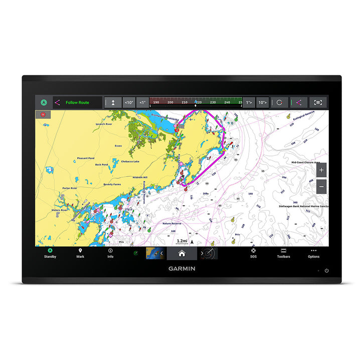 Garmin GPSMAP 9224 24-inch premium chartplotter with detailed navigation display and Garmin Navionics+ mapping.
