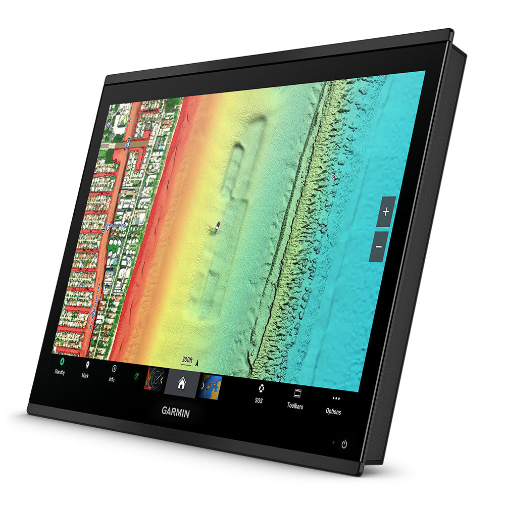 Garmin GPSMAP 9224 24-inch premium chartplotter displaying detailed marine navigation charts and interface on screen.