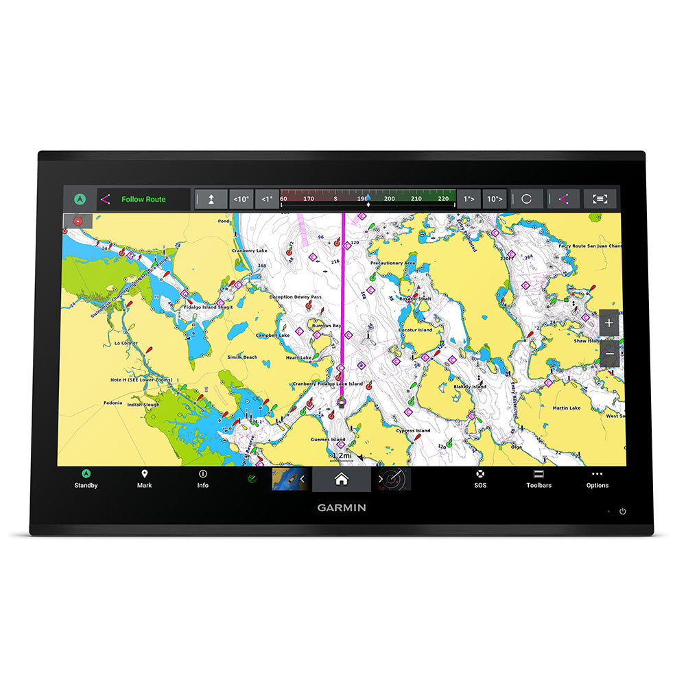 Garmin GPSMAP 9227 27-inch premium chartplotter with Garmin Navionics+ displayed on the screen, showing detailed marine navigation charts.
