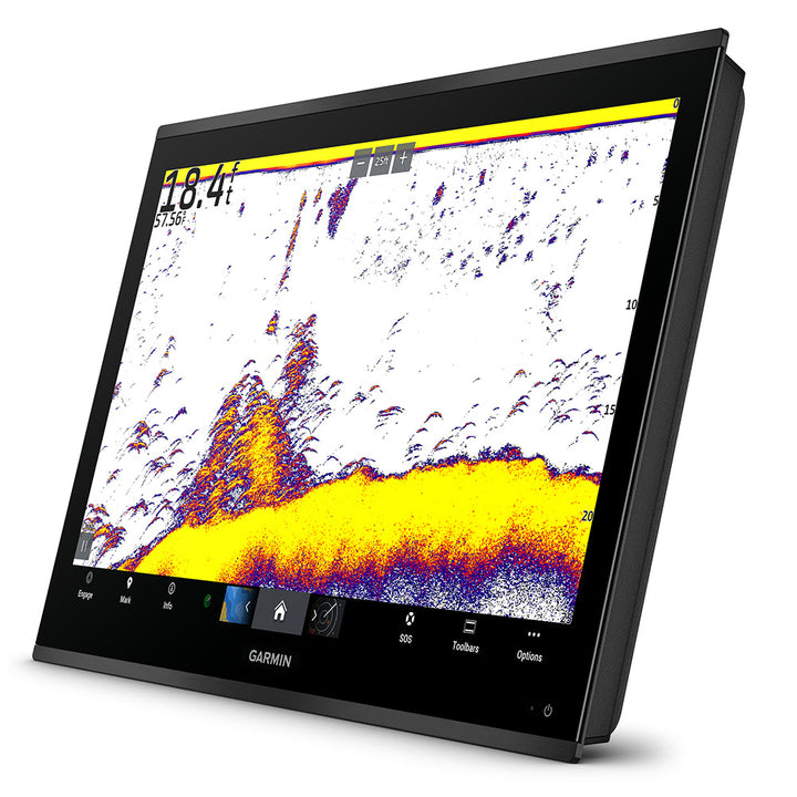 Garmin GPSMAP 9227 27-inch premium chartplotter with Garmin Navionics+ display showing marine navigation charts and interface