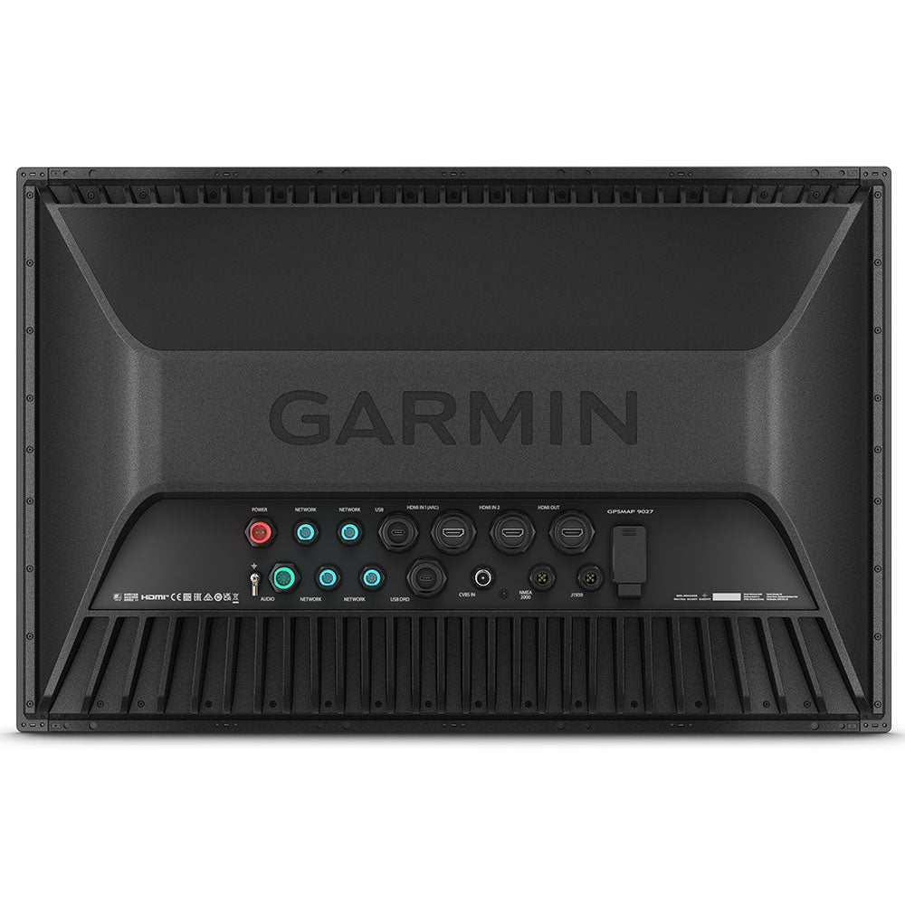 Garmin GPSMAP 9227 27-inch premium chartplotter with Garmin Navionics+ displayed on the screen, used for marine navigation.