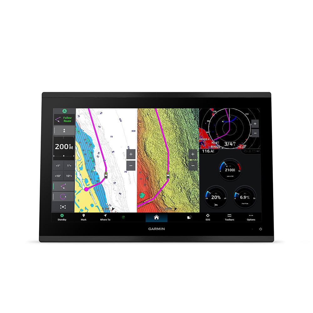 Garmin GPSMAP 9217 Premium Chartplotter with sonar and Garmin Navionics+ display showing navigation maps and sonar features.