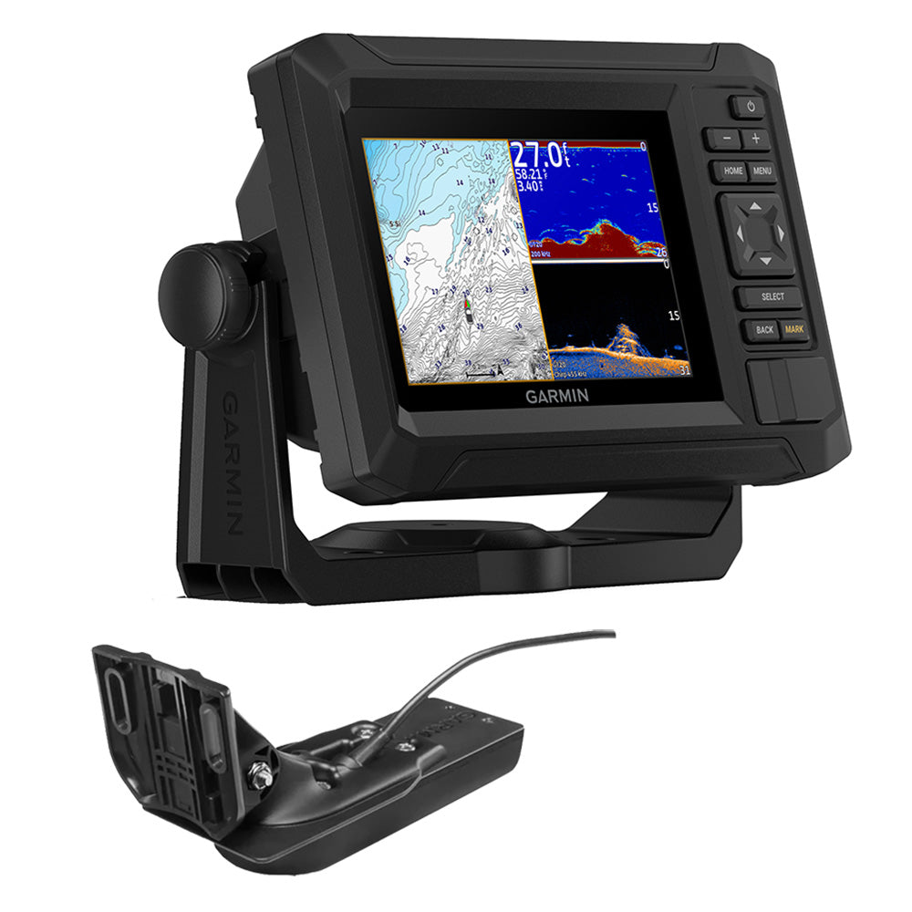 Garmin ECHOMAP UHD2 53CV chartplotter and fishfinder combo with US Inland Maps and GT20-TM transducer, mounted on boat dashboard.