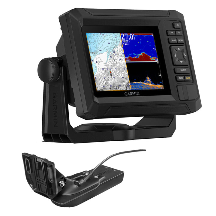 Garmin ECHOMAP UHD2 53CV chartplotter and fishfinder combo with US Inland Maps and GT20-TM transducer, mounted on boat dashboard.