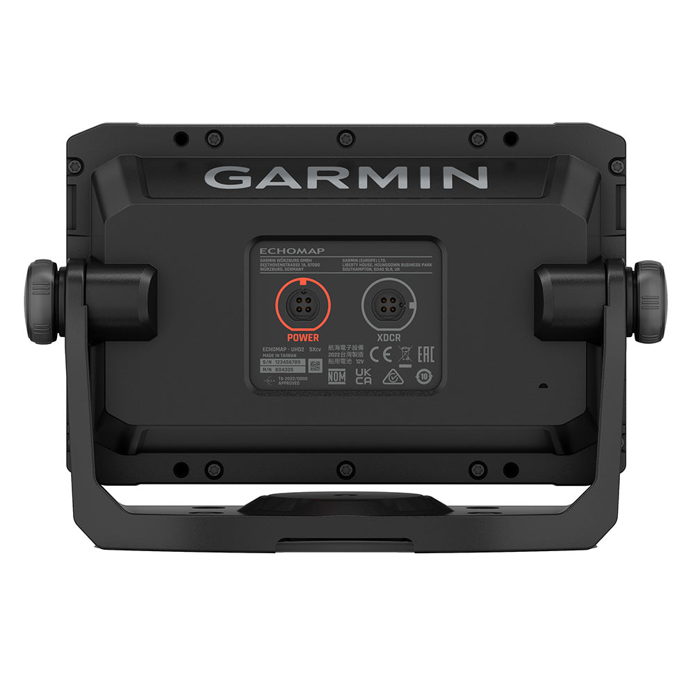 Garmin ECHOMAP UHD2 53CV chartplotter and fishfinder combo with US inland maps and GT20-TM transducer on display.