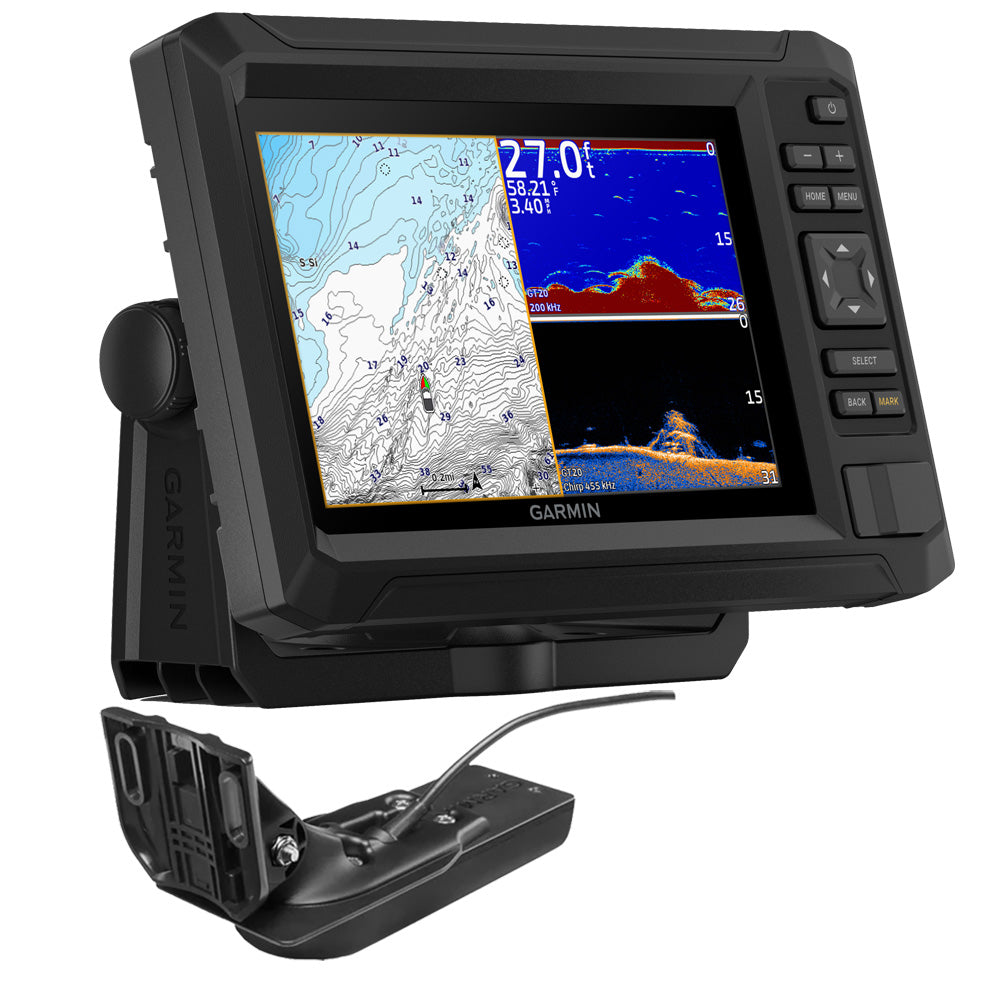 Garmin ECHOMAP UHD2 73CV chartplotter and fishfinder combo with US Inland Maps and GT20-TM transducer displayed on screen.