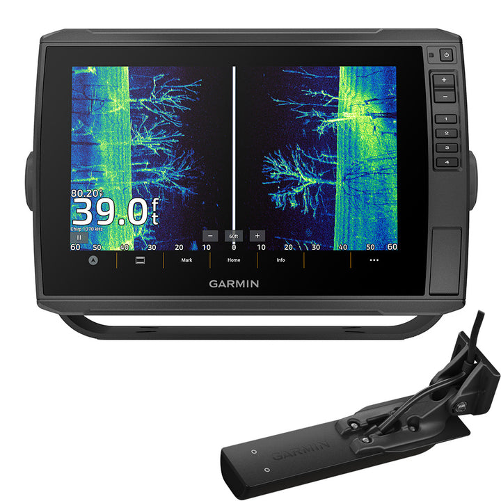 Garmin ECHOMAP Ultra 2 106sv GPS fishfinder combo with GT56UHD-TM transducer and Navionics+ mapping display on screen.