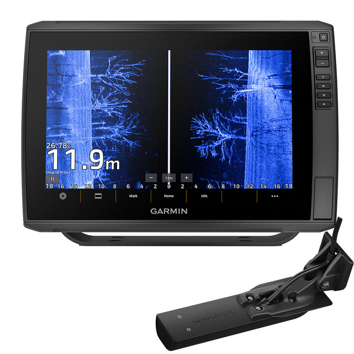 Garmin ECHOMAP Ultra 2 122sv GPS fishfinder combo with GT56UHD-TM transducer showing screen display and fish detection features.