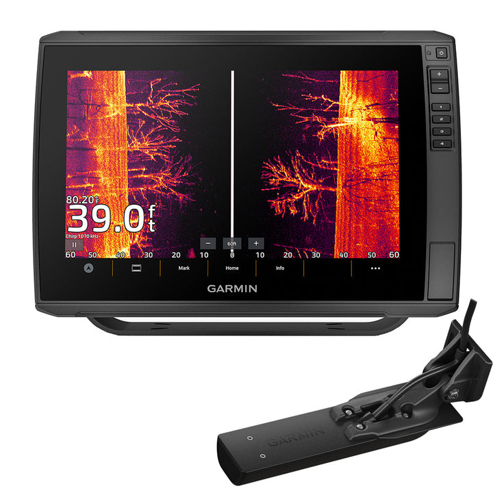 Garmin ECHOMAP Ultra 2 126sv fishfinder combo GPS with GT56UHD-TM transducer and Navionics+ mapping display on screen.