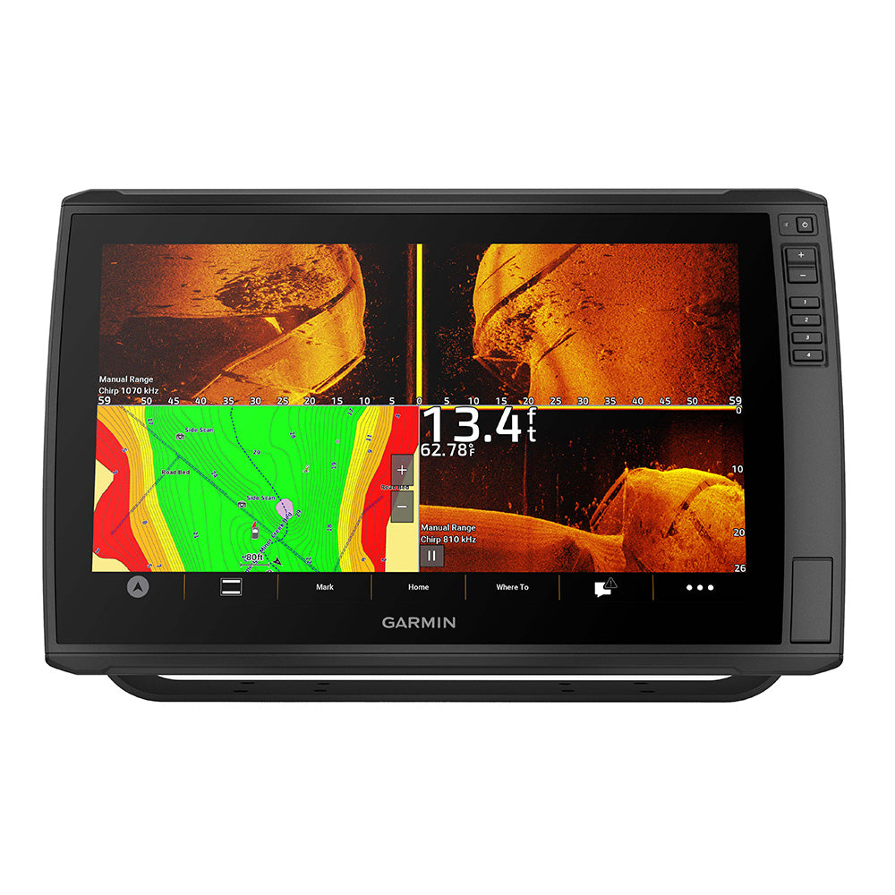Garmin ECHOMAP Ultra 2 16-inch chartplotter and fishfinder combo display showing GN+ mapping on a marine GPS device.