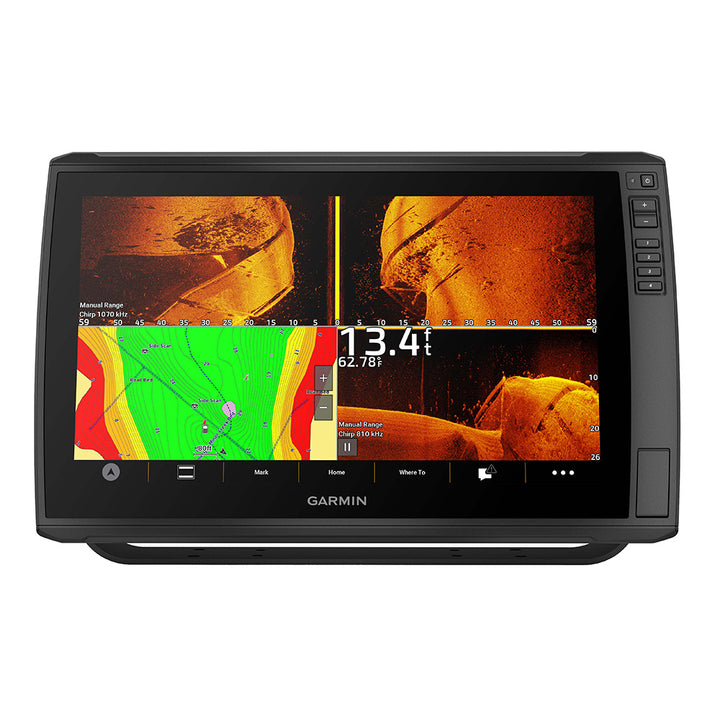 Garmin ECHOMAP Ultra 2 16-inch chartplotter and fishfinder combo display showing GN+ mapping on a marine GPS device.
