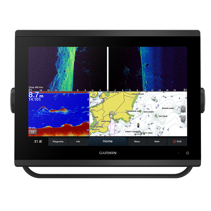 Garmin GPSMAP 1223xsv Combo GPS and fishfinder device with large screen, showing map and sonar readings for fishing and navigation.