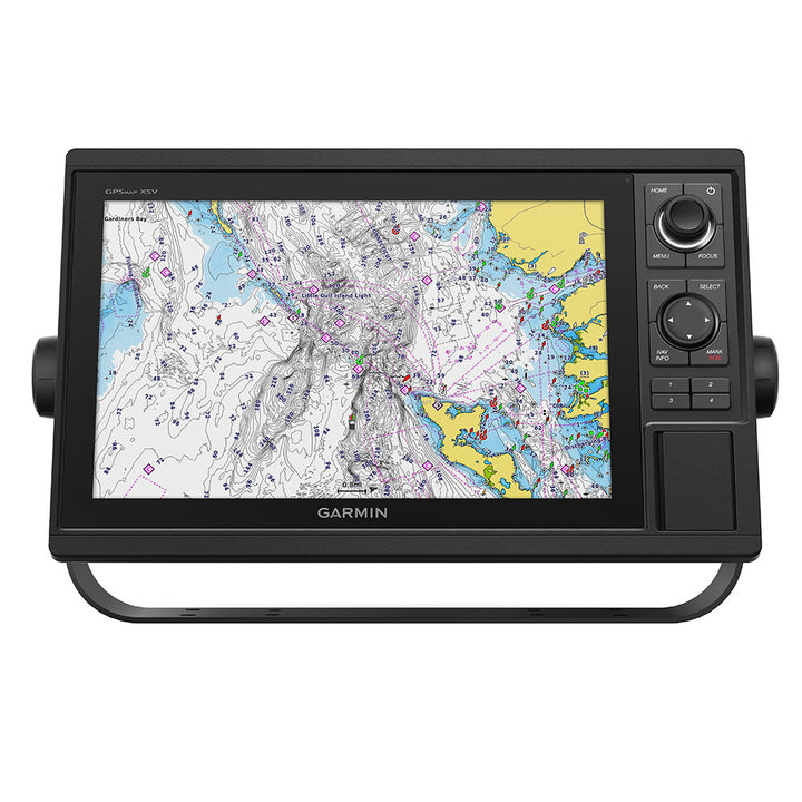 Garmin GPSMAP 1242xsv Combo GPS and fishfinder display showing navigation charts and sonar imaging in a boat setting.
