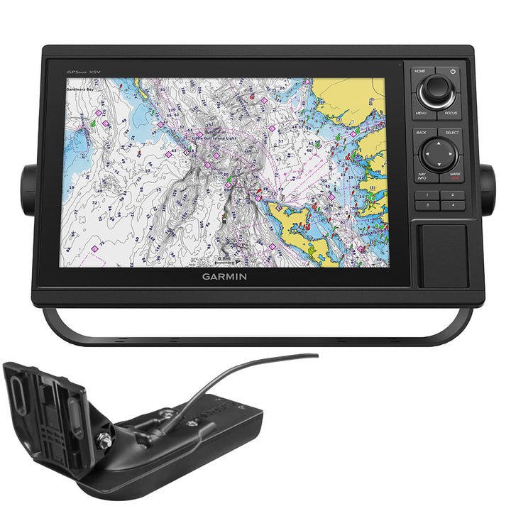 Garmin GPSMAP 1242xsv combo GPS and fishfinder with GN+ and GT52-TM transducer, displayed on a boat dashboard.