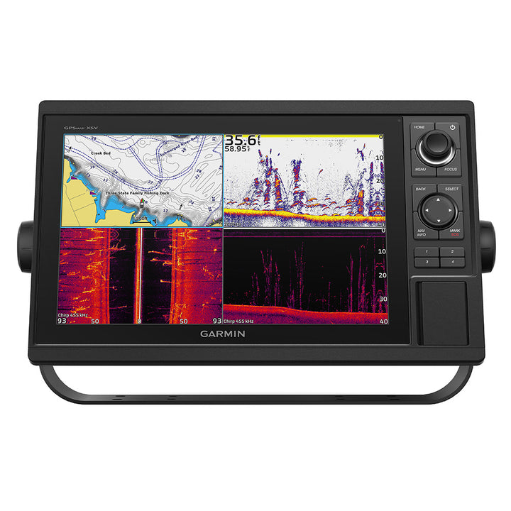 Garmin GPSMAP 1242xsv combo GPS and fishfinder with GN+ and GT52-TM transducer, display showing detailed mapping and sonar data.