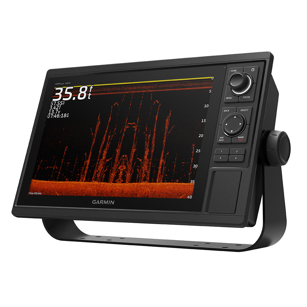 Garmin GPSMAP 1242xsv combo GPS and fishfinder with GT52-TM transducer on display, showing navigation and sonar screens.
