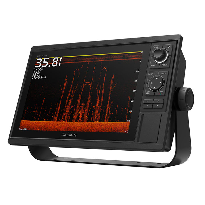 Garmin GPSMAP 1242xsv combo GPS and fishfinder with GT52-TM transducer on display, showing navigation and sonar screens.