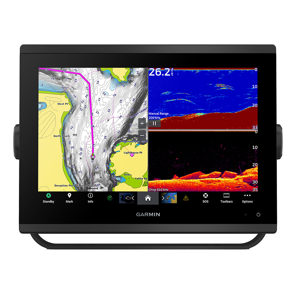 Garmin GPSMAP 1243xsv Combo GPS and Fishfinder display showing detailed mapping and sonar readings on the screen.