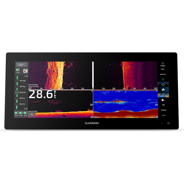 Garmin GPSMAP 1543xsv Ultrawide Combo GPS and Fishfinder displaying map and sonar readings on screen.