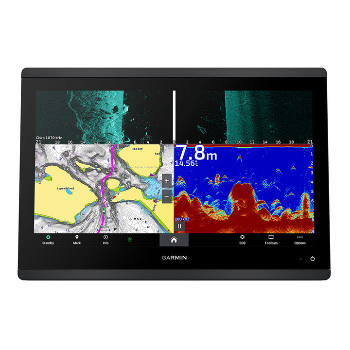 Garmin GPSMAP 1623xsv combo GPS and fishfinder display showing detailed navigation map and underwater sonar readings.
