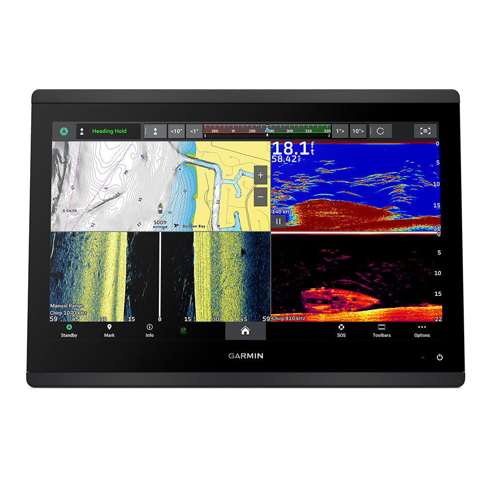 Garmin GPSMAP 1643xsv Combo GPS and fishfinder display showing navigational charts and sonar imaging on the screen.