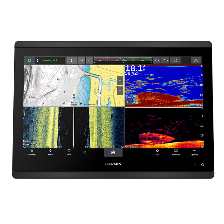 Garmin GPSMAP 1643xsv Combo GPS and fishfinder display showing navigational charts and sonar imaging on the screen.