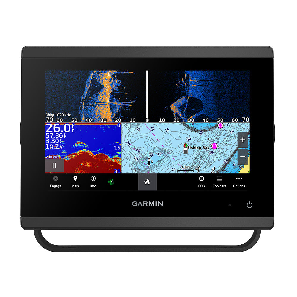 Garmin GPSMAP 743xsv combo GPS and fishfinder device with screen display and control buttons for marine navigation and fishing.