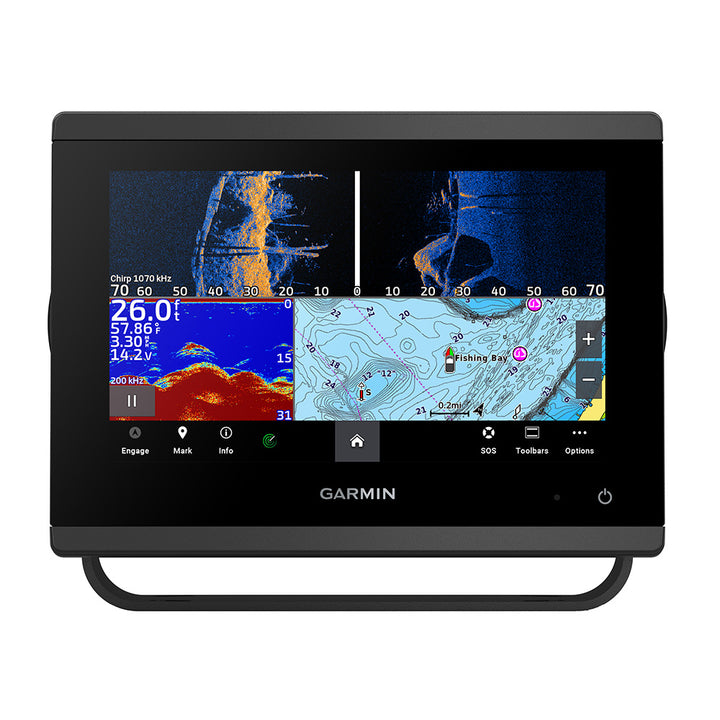 Garmin GPSMAP 743xsv combo GPS and fishfinder device with screen display and control buttons for marine navigation and fishing.