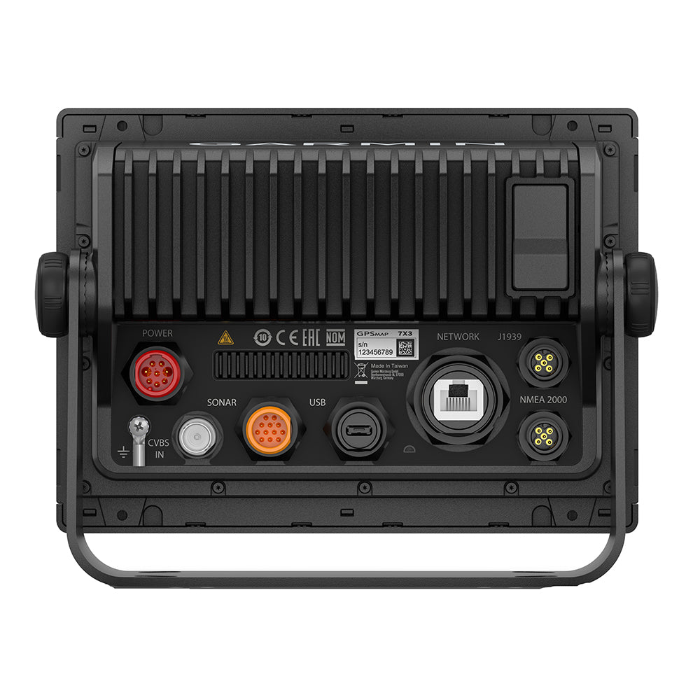 Garmin GPSMAP 743xsv combo GPS and fishfinder display showing detailed navigational charts and sonar imaging.