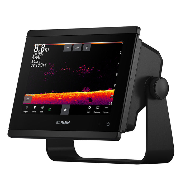 Garmin GPSMAP 743xsv combo GPS and fishfinder display showing detailed marine navigation and sonar readings.