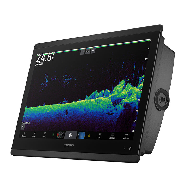 Garmin GPSMAP 8616xsv combo GPS and fishfinder display with sonar transducer for marine navigation and fishing.