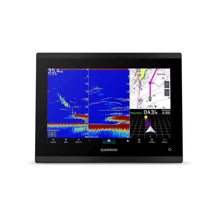 Garmin GPSMAP 9010xsv premium chartplotter and sonar combo display with worldwide basemap, showing navigational charts and sonar readings.
