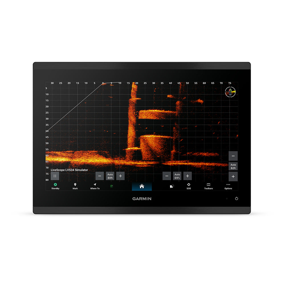 Garmin GPSMAP 9013xsv premium chartplotter and fishfinder combo displaying marine maps and sonar readings on a boat.