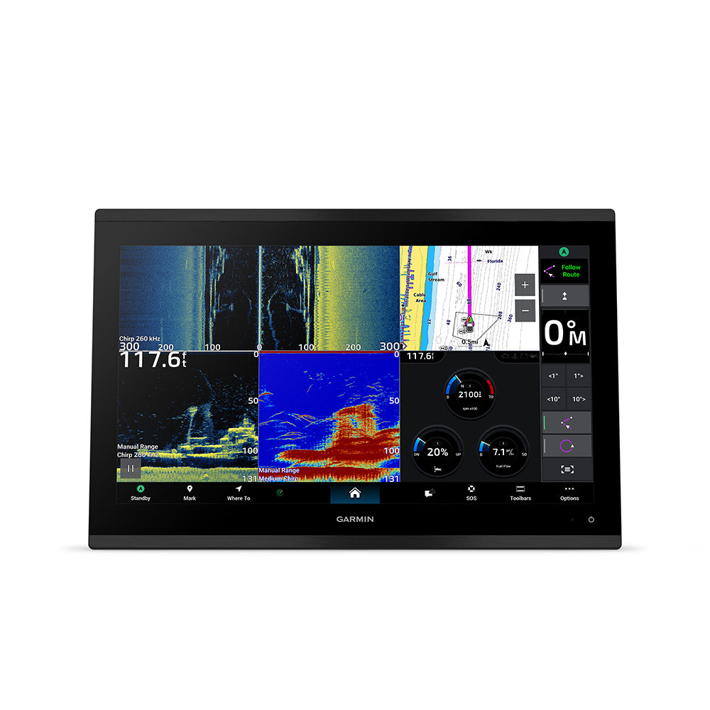 Garmin GPSMAP 9217xsv premium chartplotter and sonar combo with navigation charts and fishfinder display on screen.