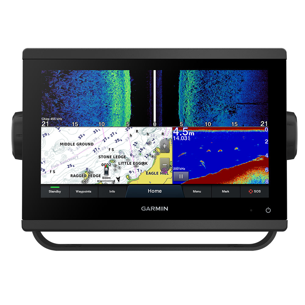 Garmin GPSMAP 923xsv combo GPS and fishfinder display showing detailed mapping and sonar readings on the screen.