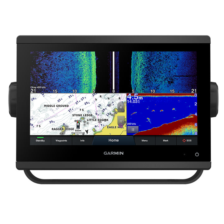 Garmin GPSMAP 923xsv combo GPS and fishfinder display showing detailed mapping and sonar readings on the screen.
