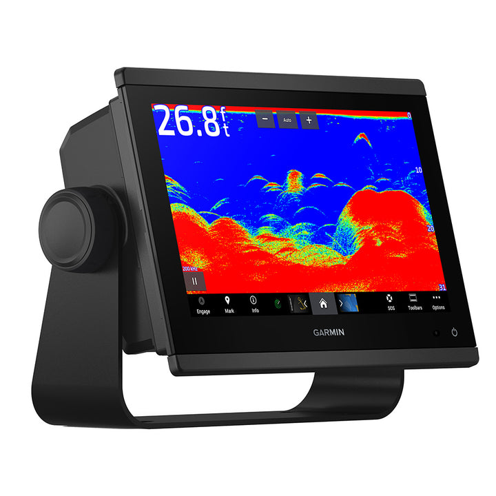 Garmin GPSMAP 943xsv Combo GPS and fishfinder display with sonar transducer and navigation controls.