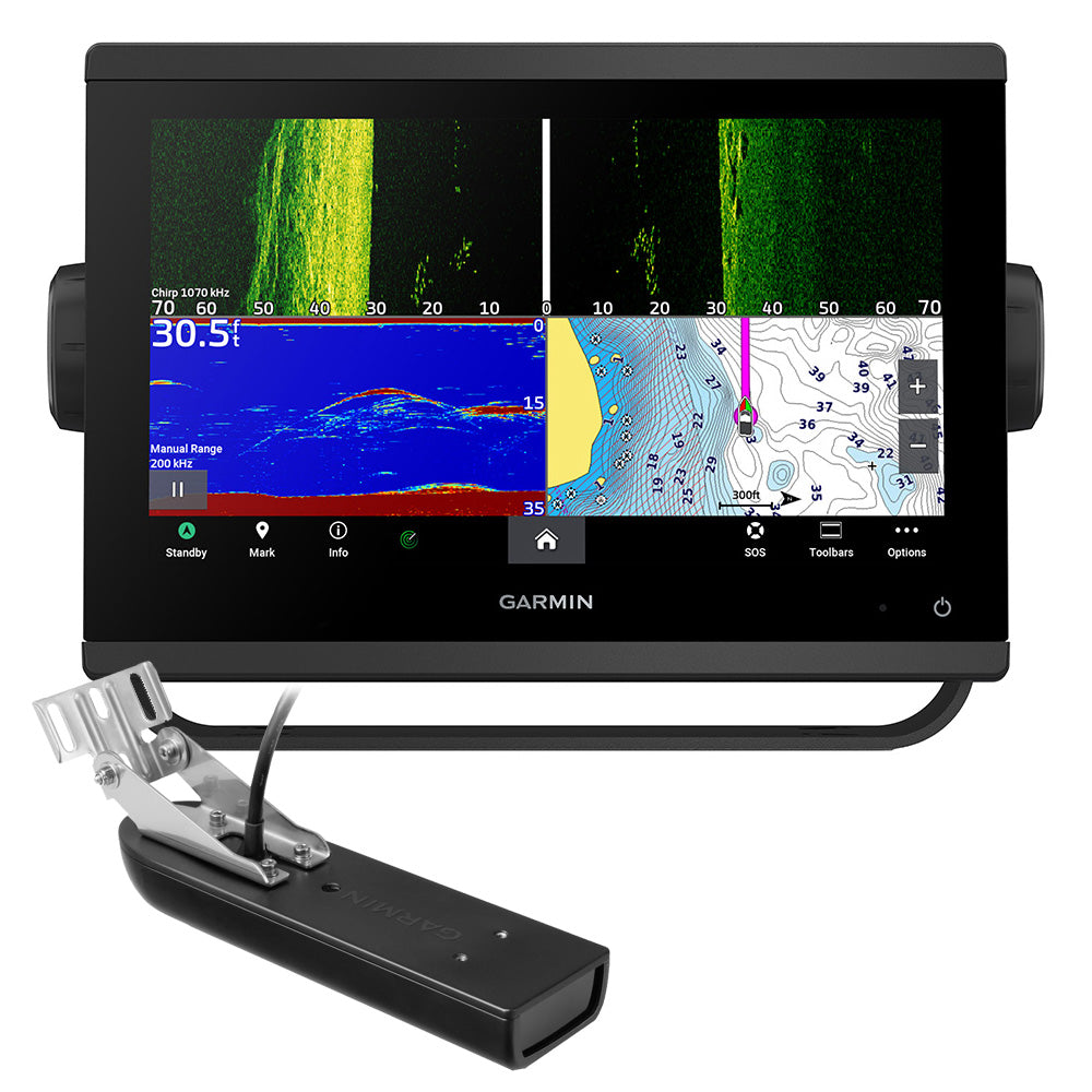 Garmin GPSMAP 943xsv combo GPS and fishfinder with GN+ and GT23-TM transducer, showing screen with navigational data and sonar display.