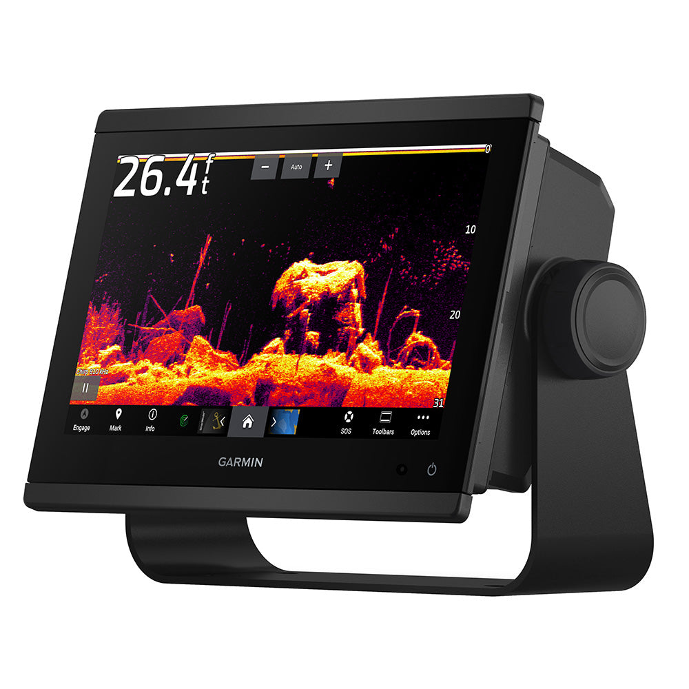 Garmin GPSMAP 943xsv combo GPS fishfinder with transducer, display screen, and control buttons, designed for marine navigation and fishing.
