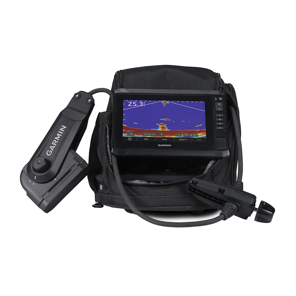 Garmin Panoptix PS22-IF Ice Fishing Bundle with ECHOMAP UHD2 73sv GPS Fishfinder combo and pole-free transducer rotation system.