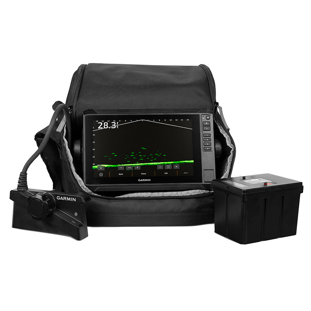Garmin ECHOMAP UHD2 93SV Ice Fishing Bundle with LiveScope Plus System and lithium-ion battery, displayed with sonar and ice fishing accessories.