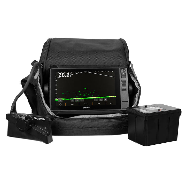 Garmin ECHOMAP UHD2 93SV Ice Fishing Bundle with LiveScope Plus System and lithium-ion battery, displayed with sonar and ice fishing accessories.