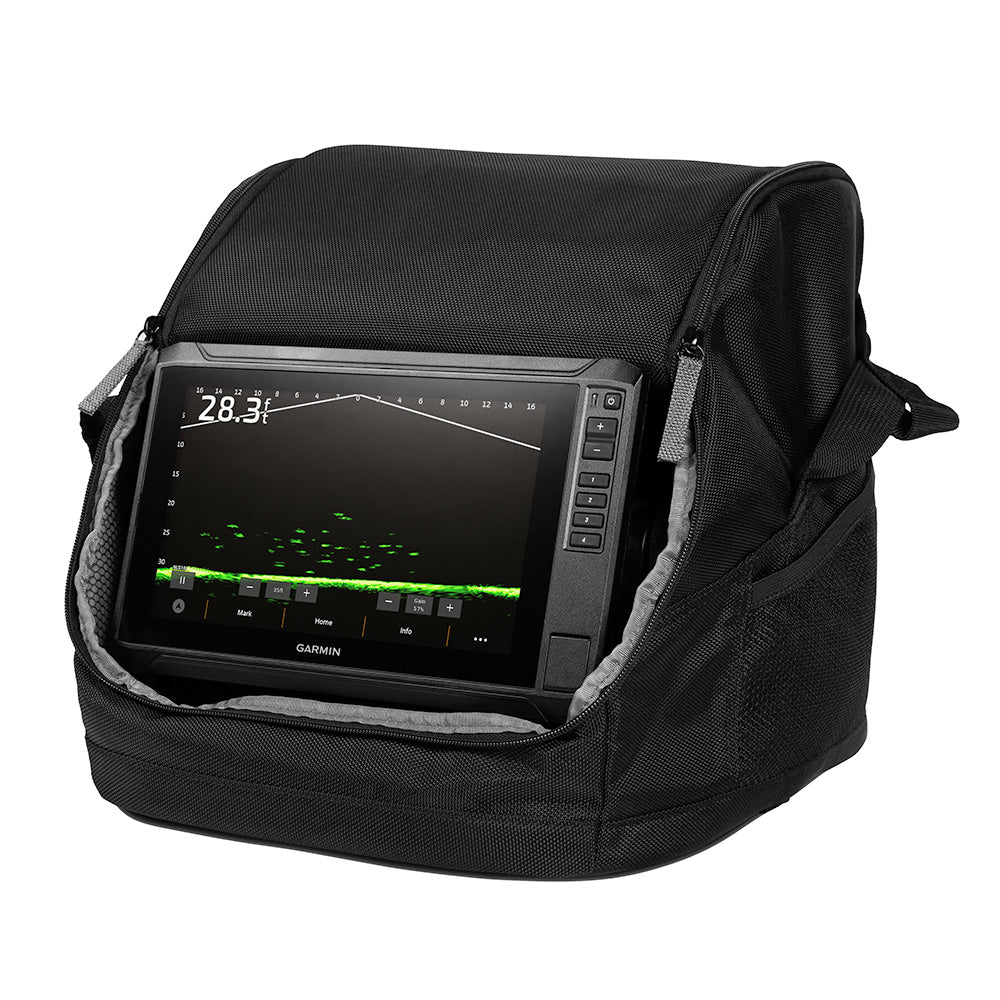Garmin ECHOMAP UHD2 93SV Ice Fishing Bundle with LiveScope Plus System and Lithium-ion Battery, featuring ice fishing flasher display.