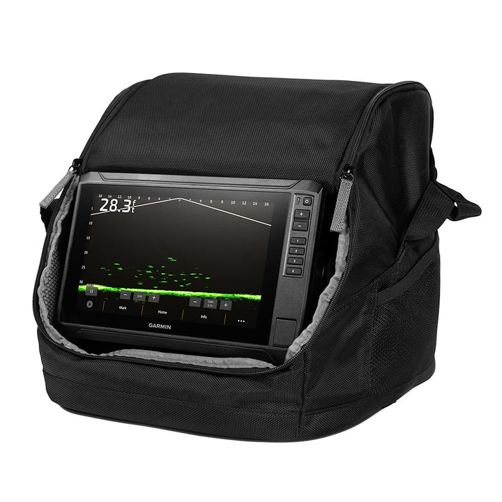 Garmin ECHOMAP UHD2 93SV Ice Fishing Bundle with LiveScope Plus System and Lithium-ion Battery, featuring ice fishing flasher display.