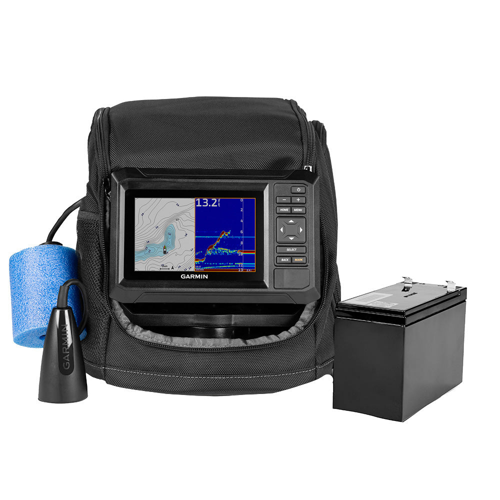Garmin ECHOMAP UHD2 Keyed 5" cv ice fishing bundle with dual beam-IF transducer and display screen for ice fishing.