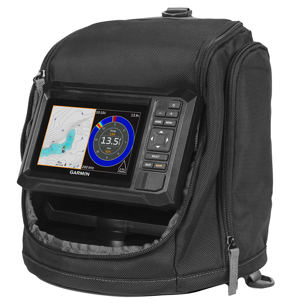 Garmin ECHOMAP UHD2 Keyed 5" cv ice fishing bundle with dual-beam transducer and fish finder display on a boat or ice fishing setup.